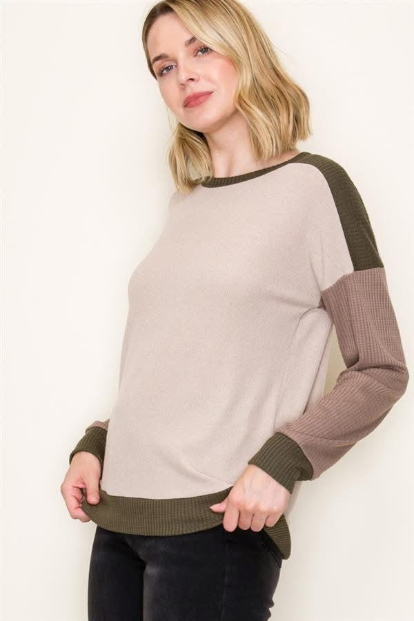 Color Block w/ Olive Green Wide Neck Top