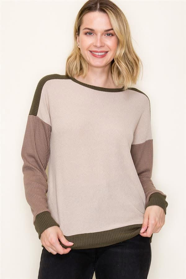 Color Block w/ Olive Green Wide Neck Top