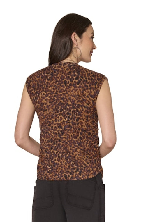 Leopard Printed Extended Shoulder Sleeveless Sweater