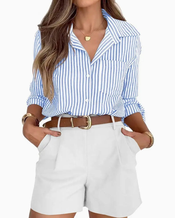Blue & White Stripe Button Down Blouse
