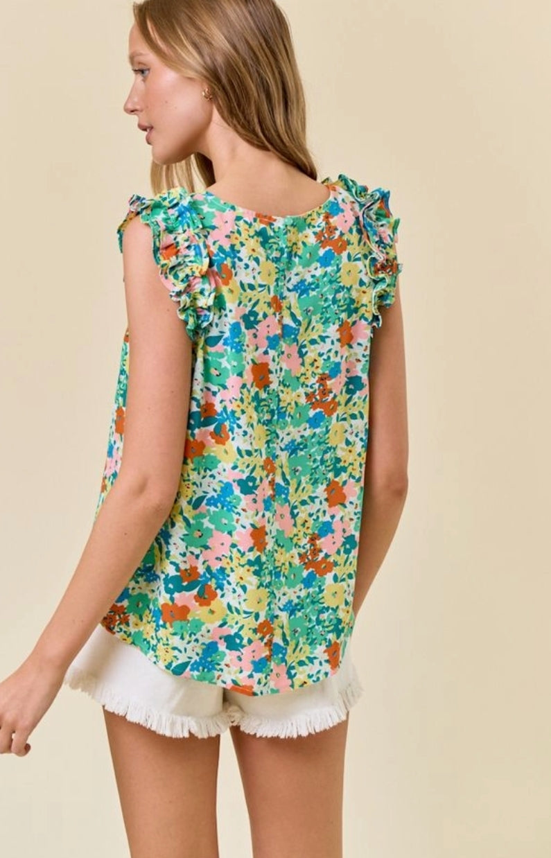 Green Floral Round Neck Ruffled Cap Sleeve
