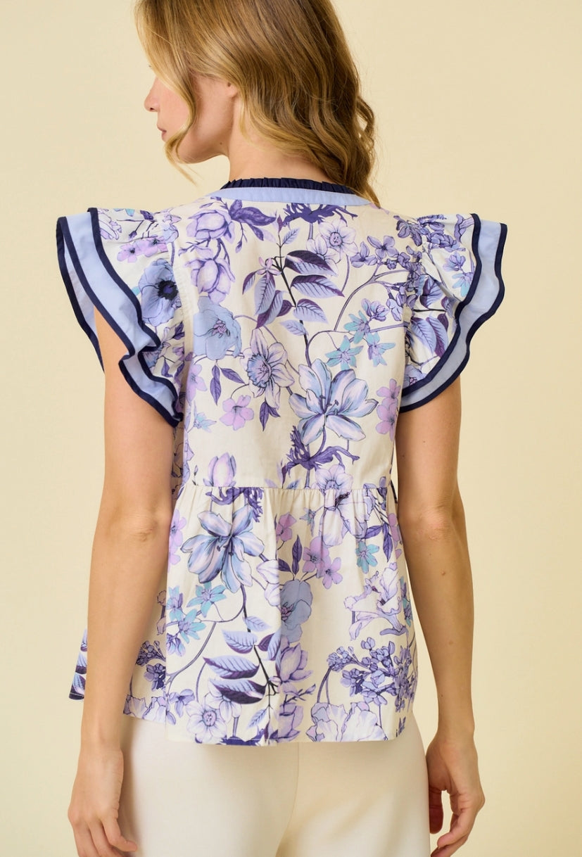 Blue & Lavender Floral Ruffle Top