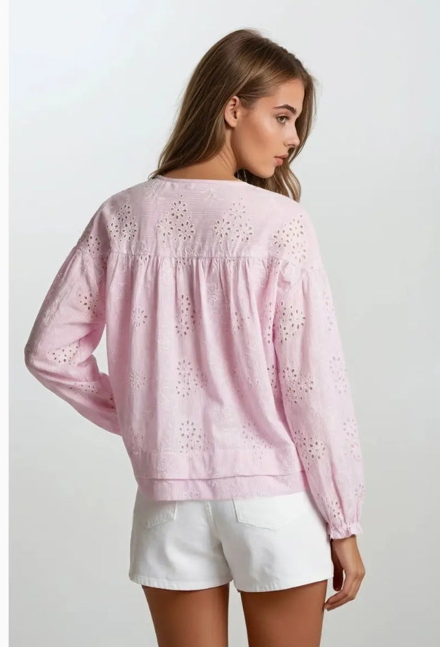 Eyelet Embroidered Long Sleeve Button Down Top