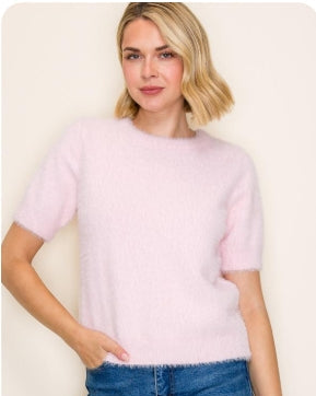 Light Pink Fluffy Short Sleeve Sweater