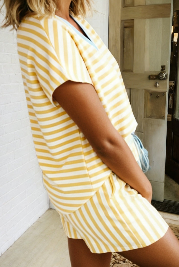 Yellow & White Striped Drawstring Shorts