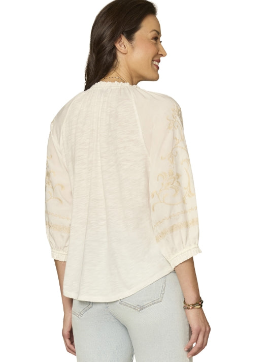 White Blouson Sleeve Blouse with Tan Embroidery