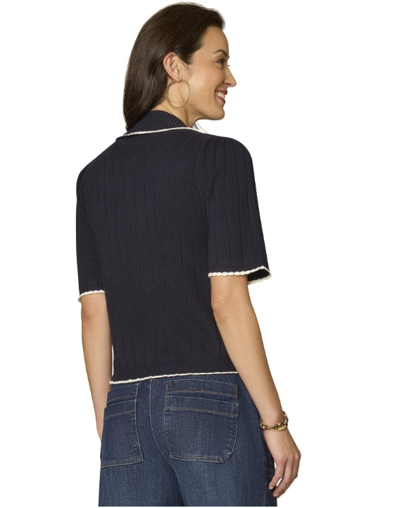Navy w/ White Scalloped Edges Short Sleeve Sweater