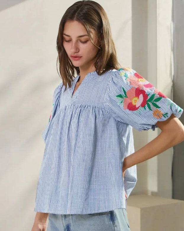 Light Blue Striped Embroidered Bubble Sleeve