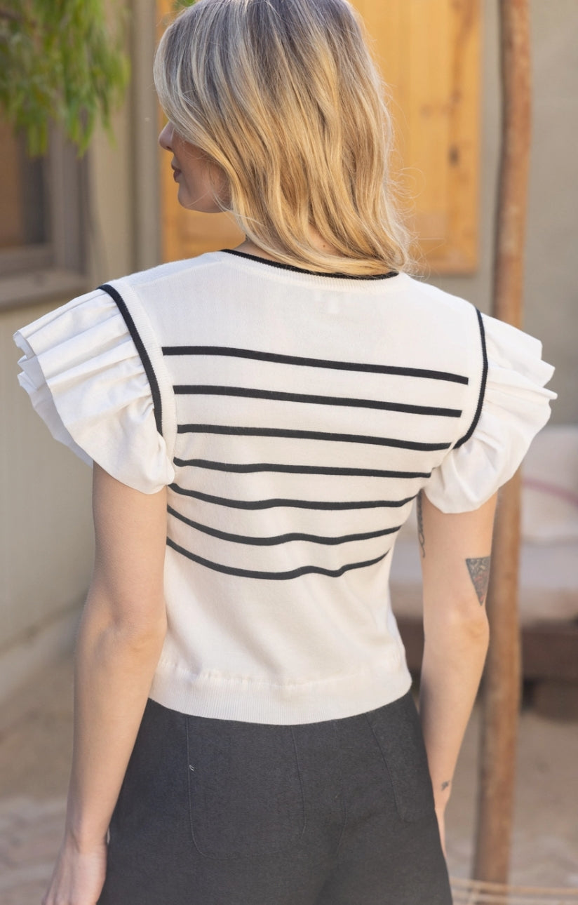 Striped Short Ruffle Sleeved Knit Top