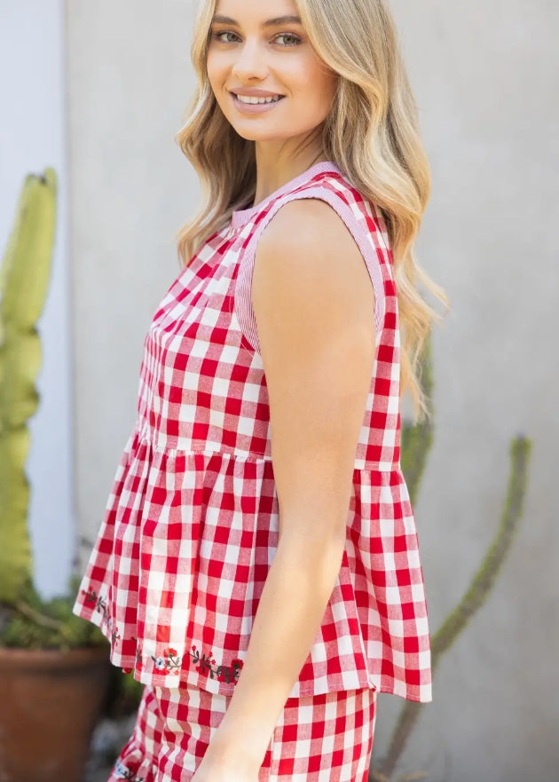 Floral Embroidered Gingham Sleeveless Peplum Top