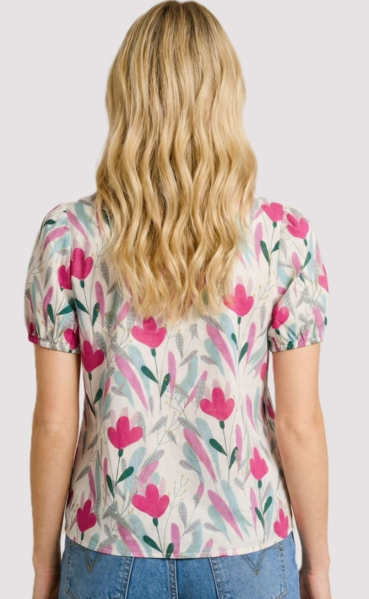 Y Split Neck Poplin Tulip Floral Printed Top