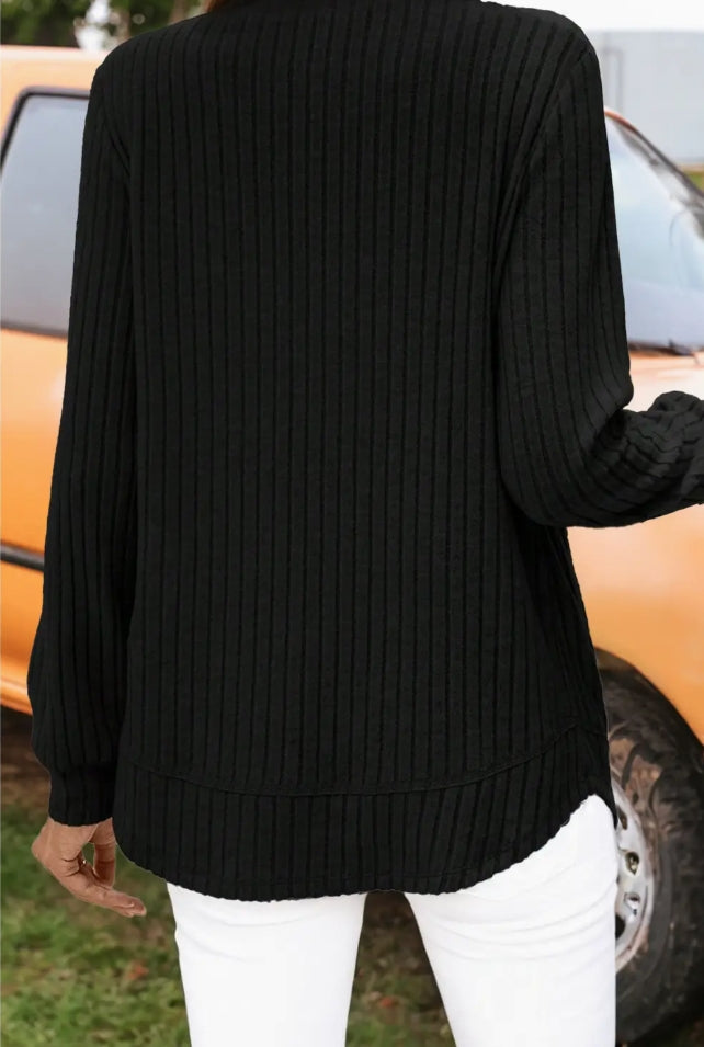 Textured Round Neck Long Sleeve Rounded Hem Knit Top