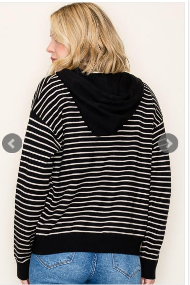 Black & White Striped Hooded Zip Up Cardigan