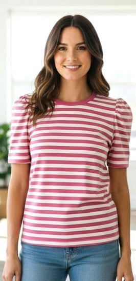 Crew Neck Striped Puff Sleeve