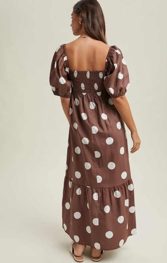 Chocolate Brown Polka Dot Puff Sleeve Dress