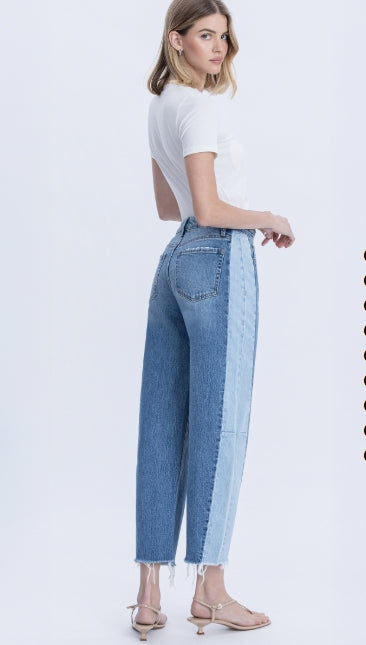 "Blue Memoir" 2 Tone High Rise Barrel Jean