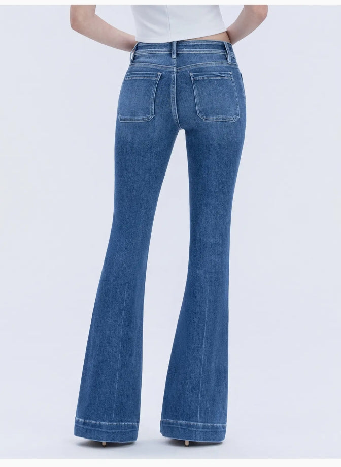 Mid Rise Flare Button Fly Patchwork Pocket -"Gleefully"