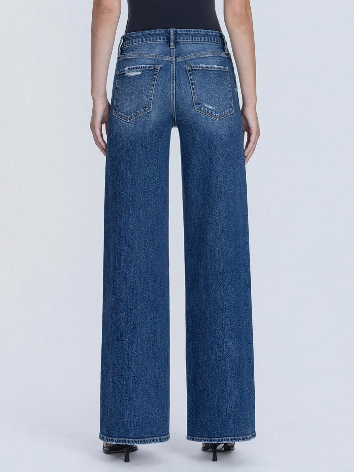High Rise Dark Seamless Waistband Wide Leg Jean