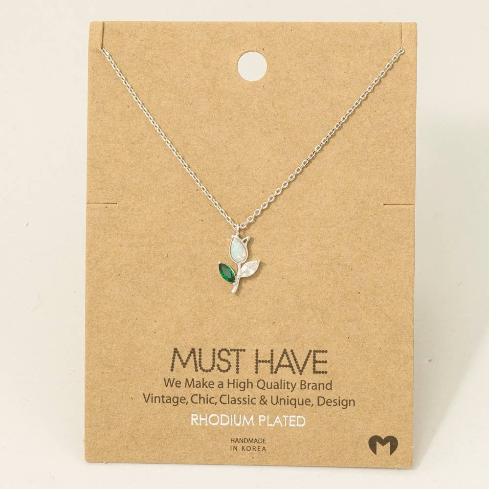 Opal Tulip Flower Green Leaf Necklace