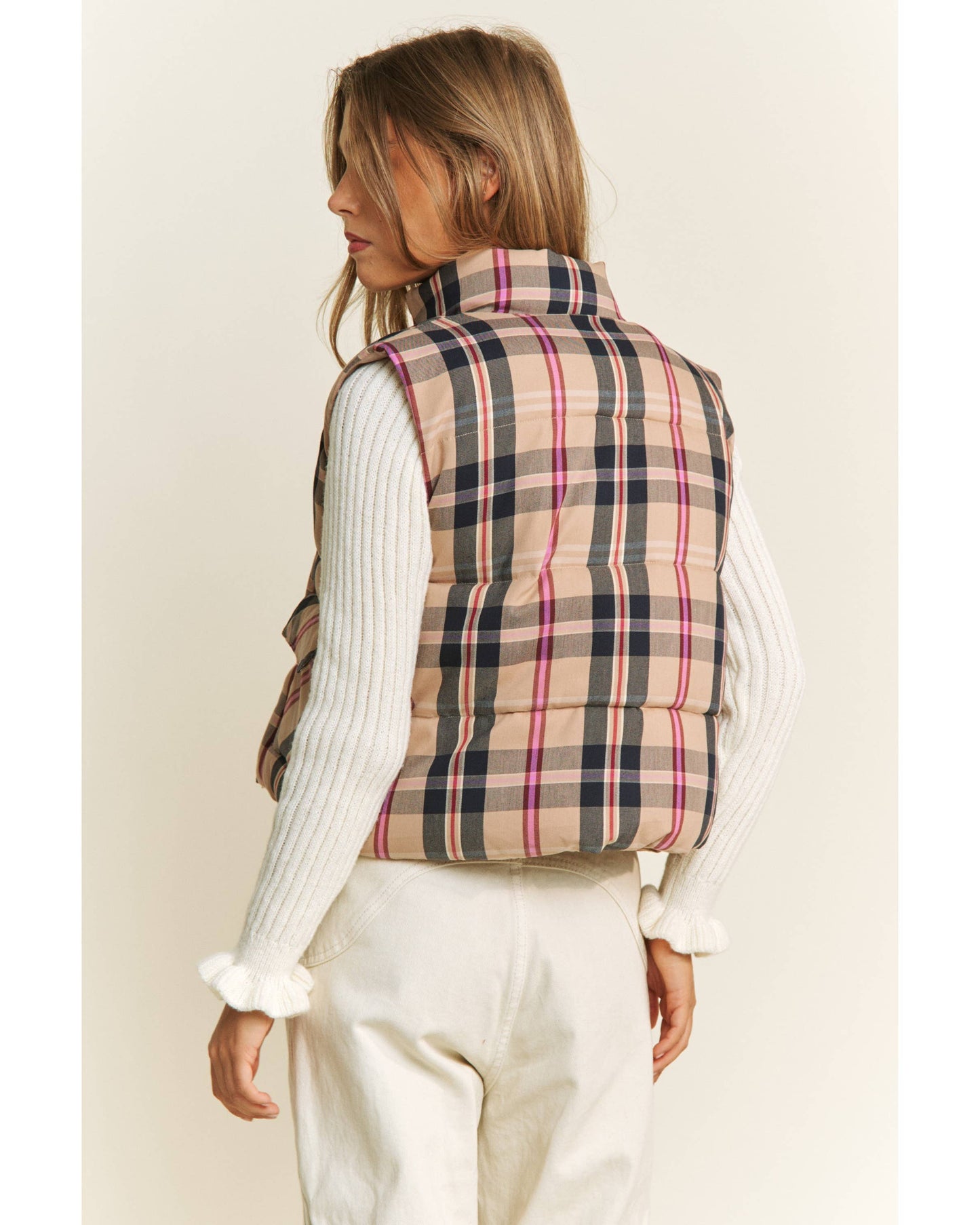 CROP PLAID HIGH NECK OPEN FRONT PUFFER VEST