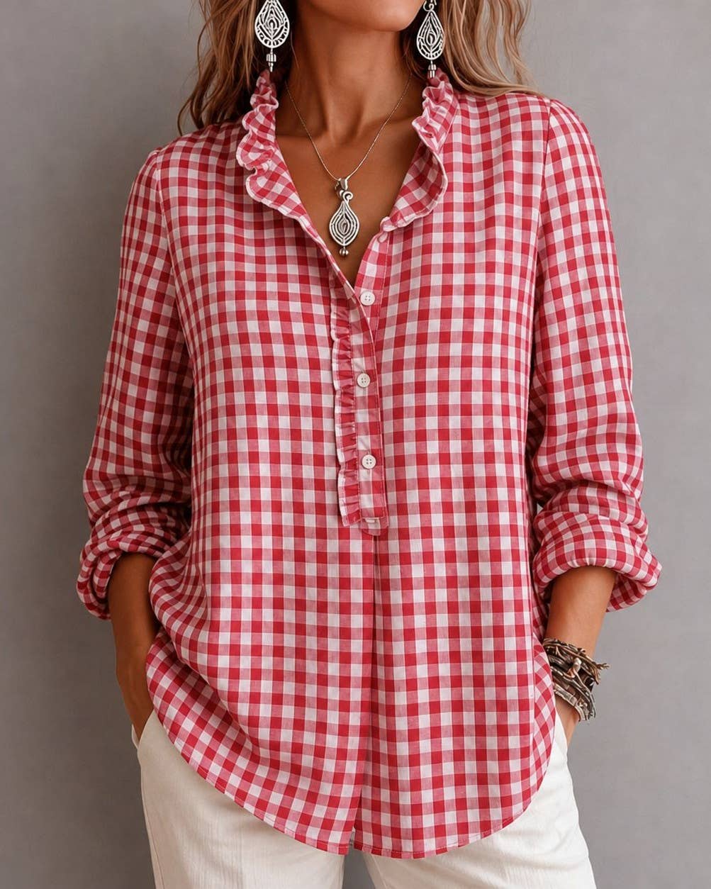 Vintage Gingham Ruffled Neck Half Placket Long Sleeve Top