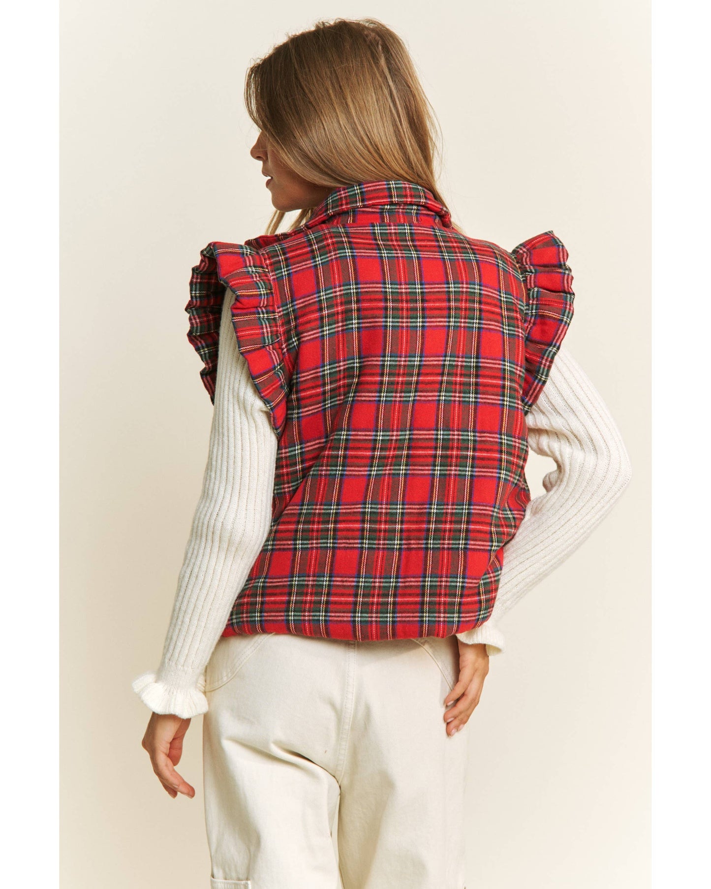 TARTAN RUFFLED PLAID PUFFER ZIP UP VEST