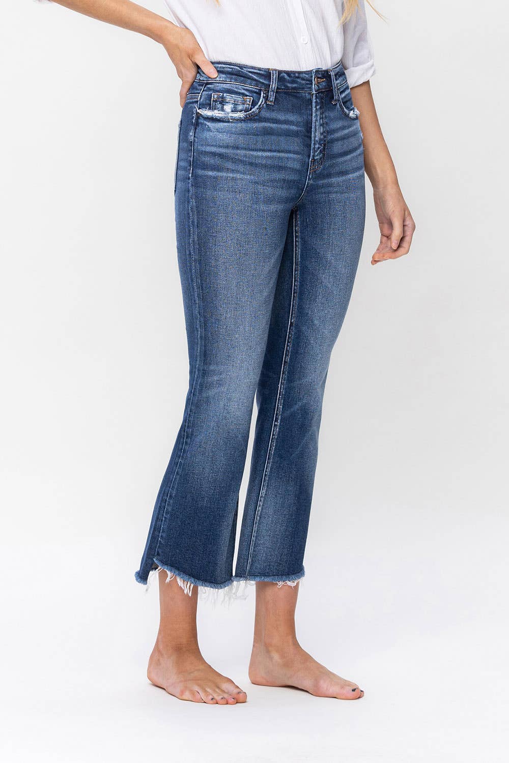 Flying Monkey High Rise Raw Step Hem Crop Flare Jean