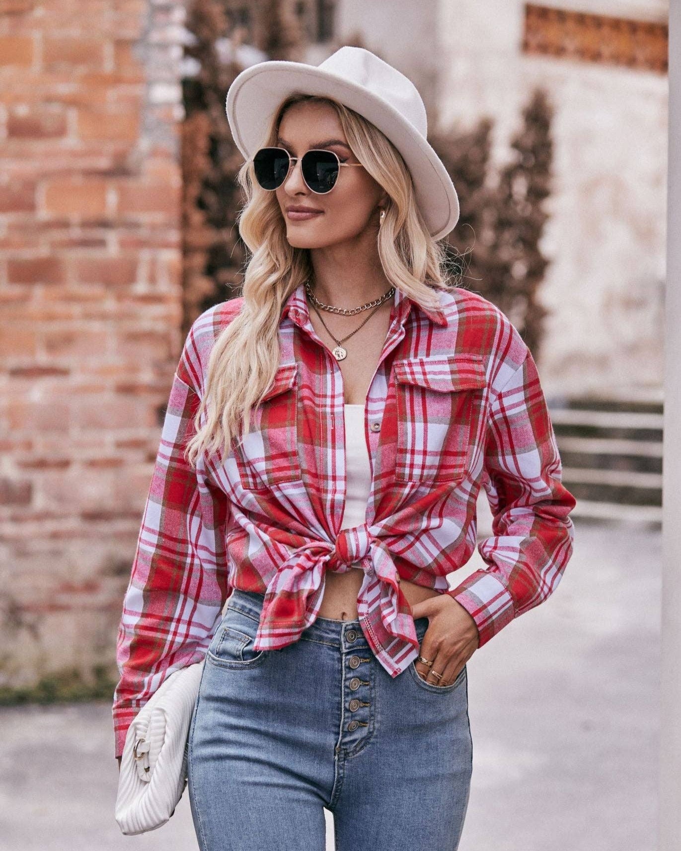 Casual Oversized Loose Red & Brown Plaid Shirt