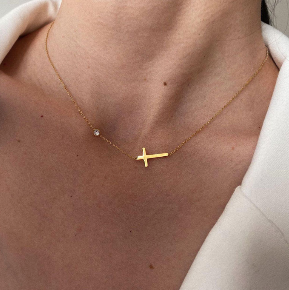 Gold Side Cross Necklace with Crystal Accent