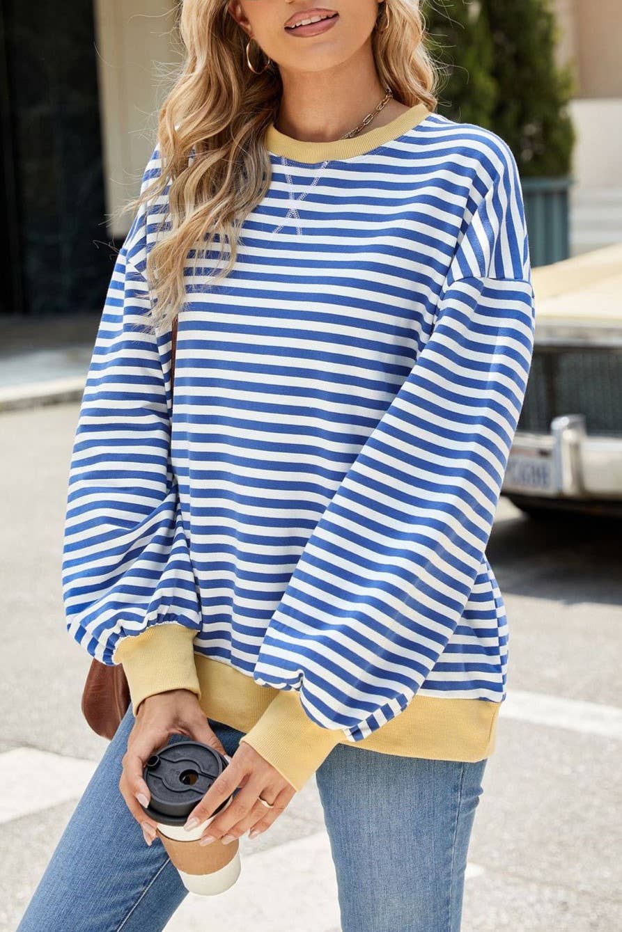 Royal Blue Striped Oversized Crewneck Sweatshirt