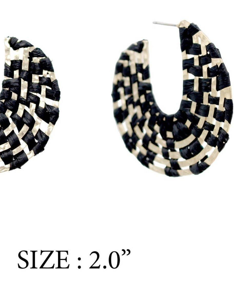 Black Raffia Woven and Gold Hoop Earring