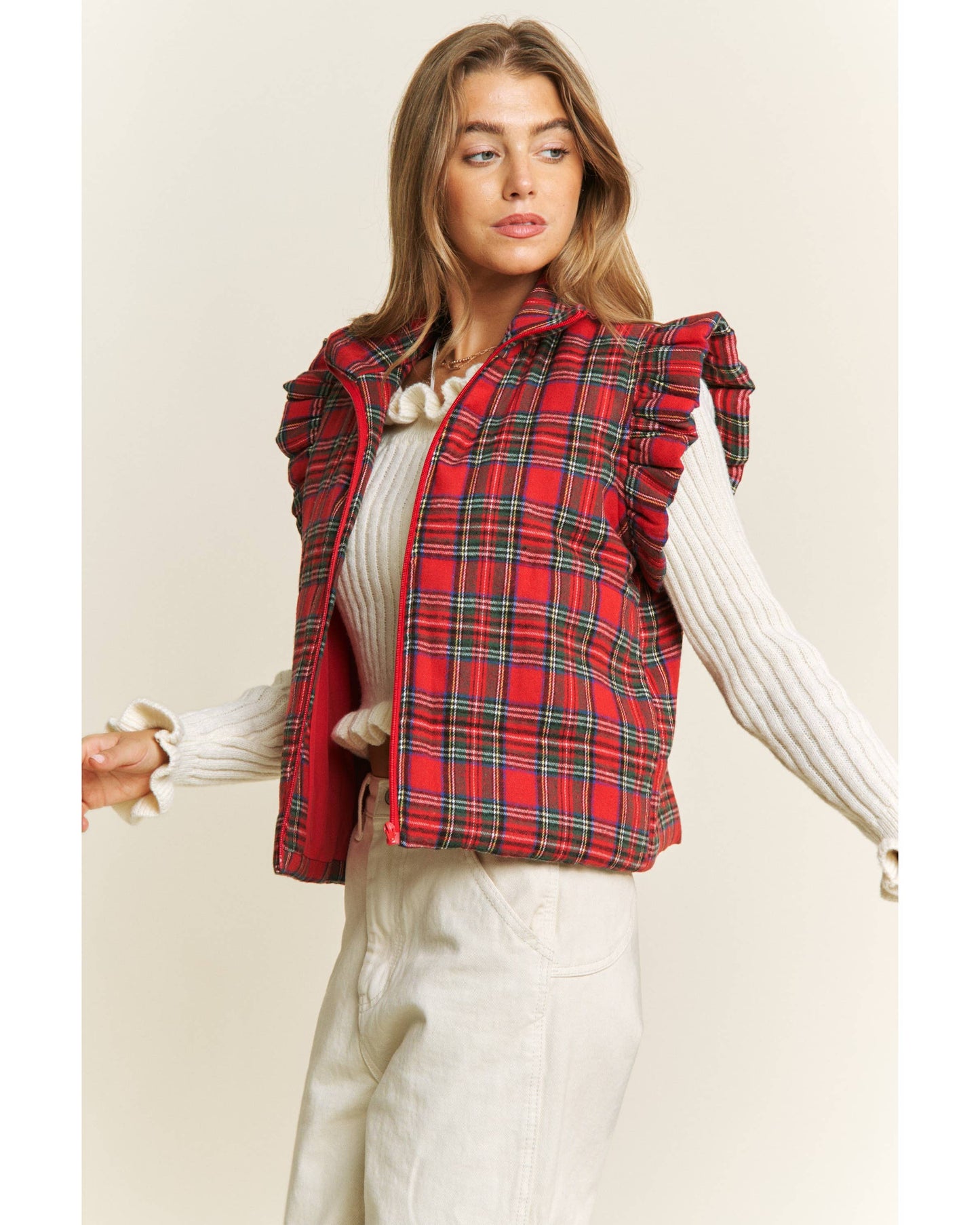 TARTAN RUFFLED PLAID PUFFER ZIP UP VEST