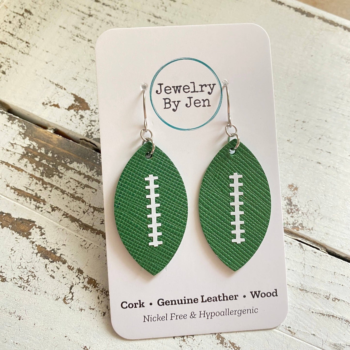Green w/White Stitches Football Earrings