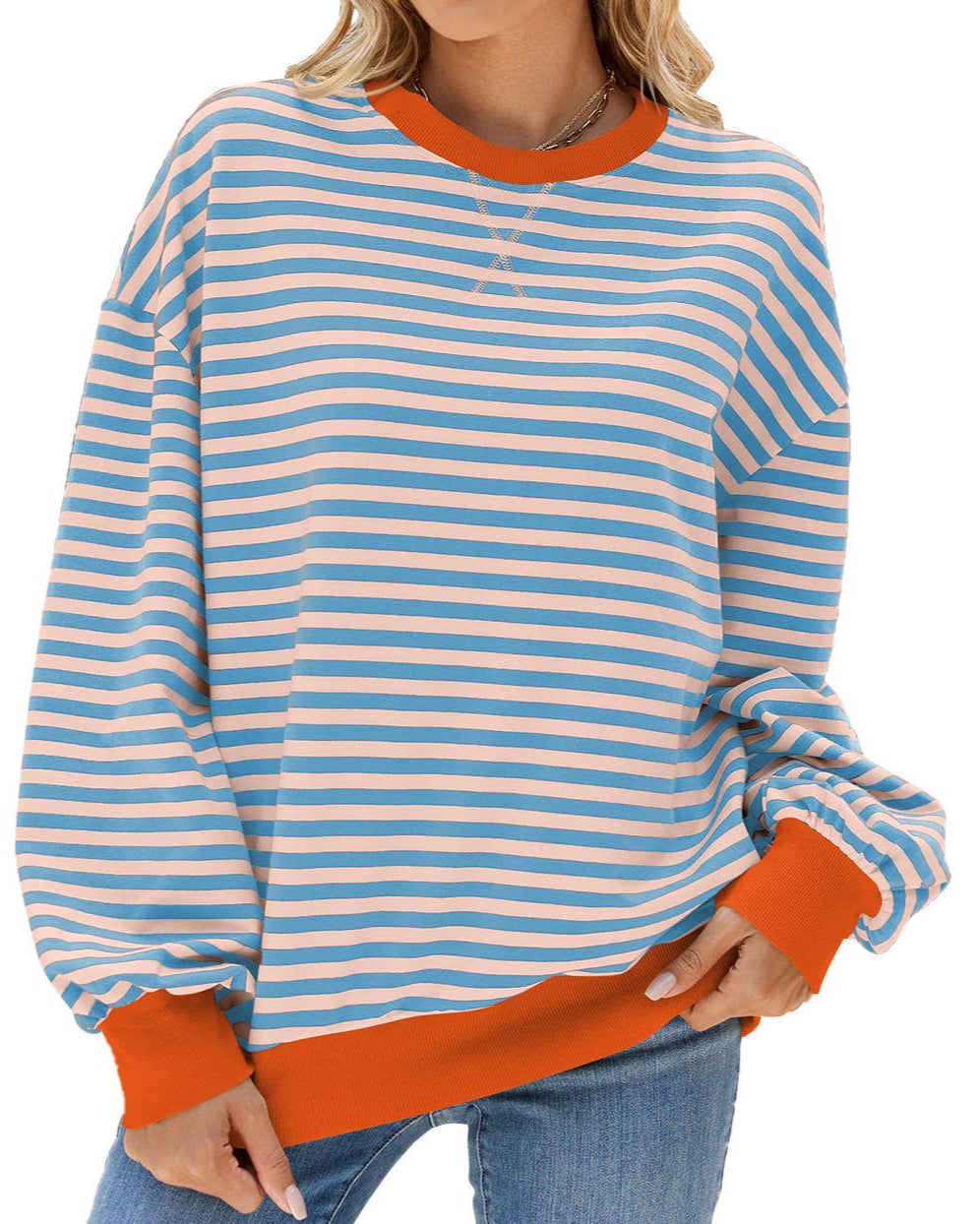 Blue & Pink Striped Oversized Crewneck Sweatshirt