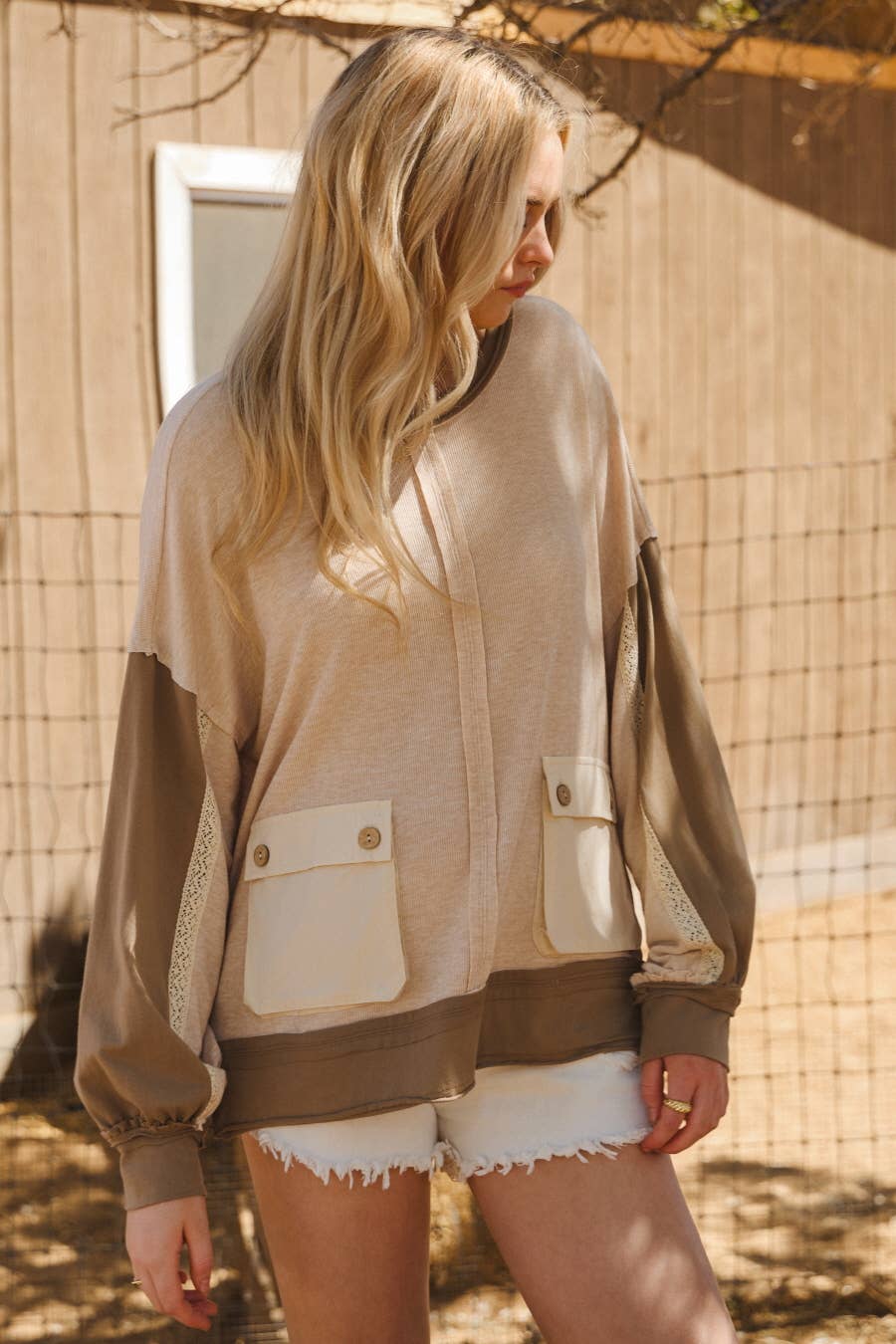 Tan Color Block w/ lace Sweatshirt