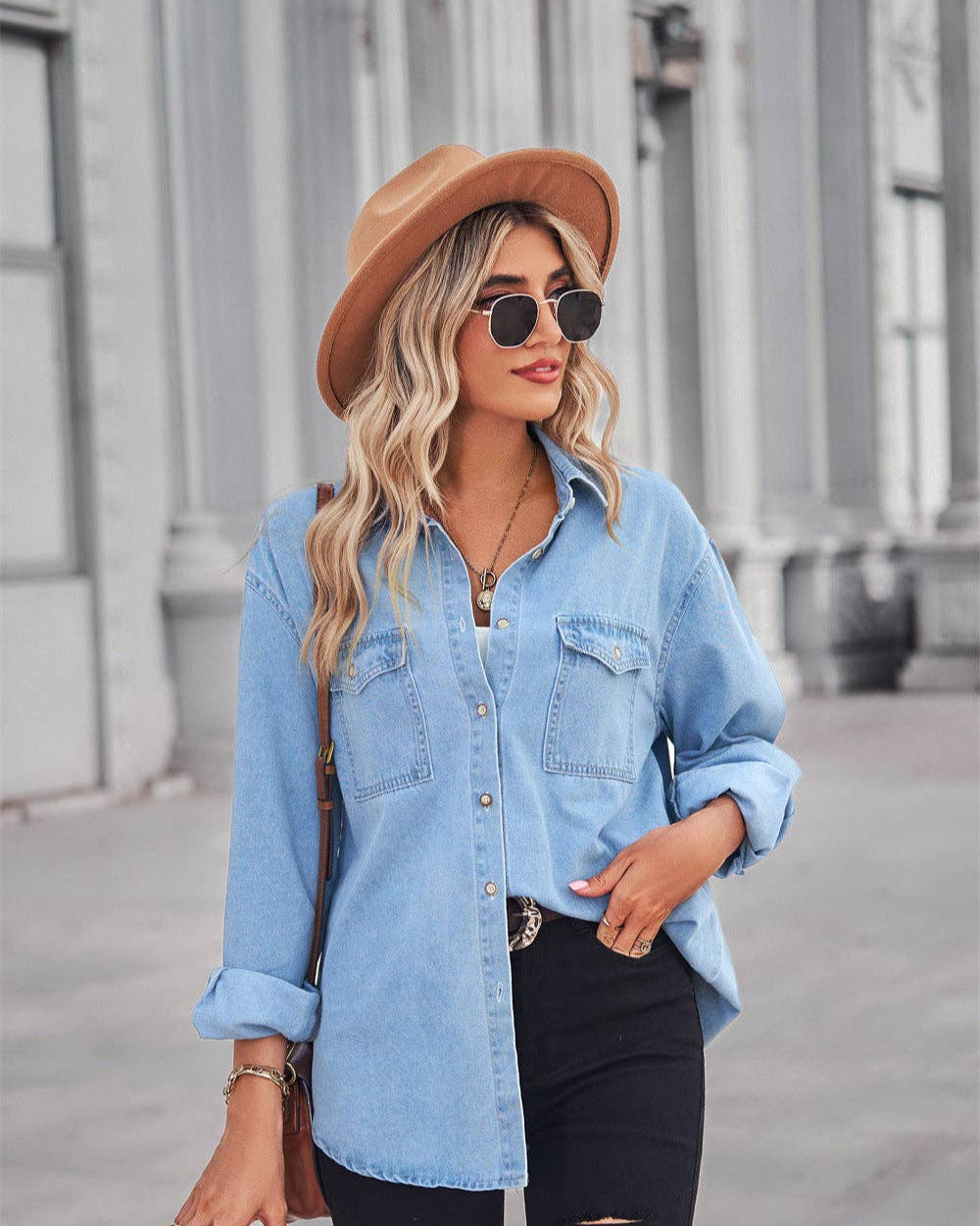 Denim Lapel Button Down Top