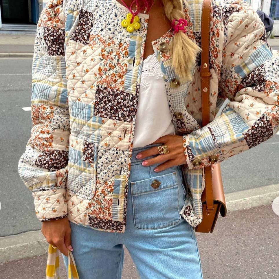 Soft Floral Color Blocks Print Quilted Jacket