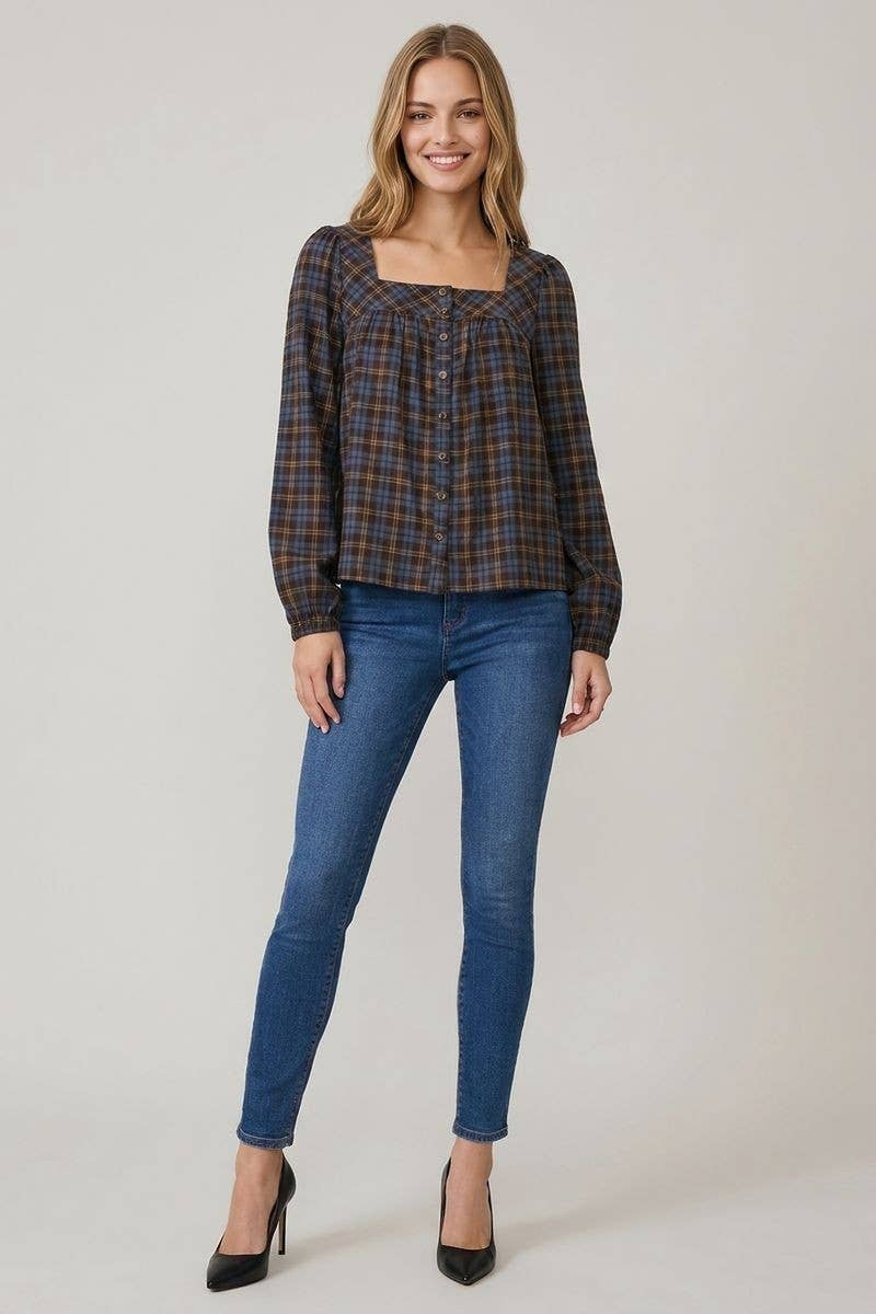 Plaid Square Neck Blouse