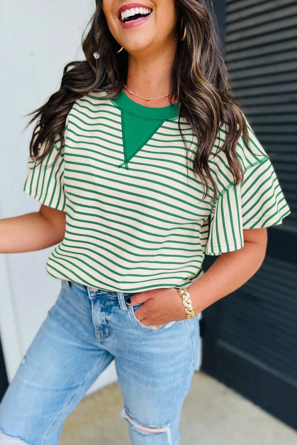 Bright Green Striped Ruffle Short Sleeve Top