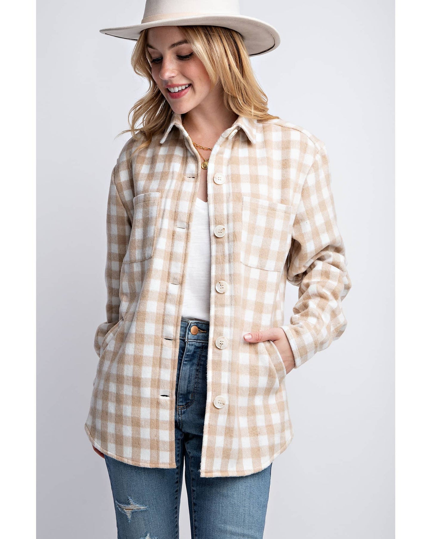 FUZZY PLAID FUR LINED BUTTON DOWN FLANNEL SHACKET
