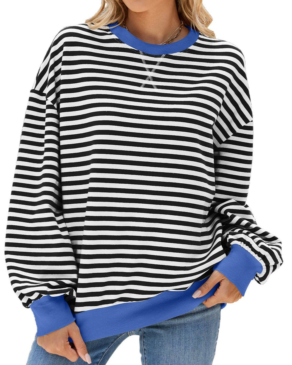 Black & White Striped Oversized Crewneck Sweatshirt