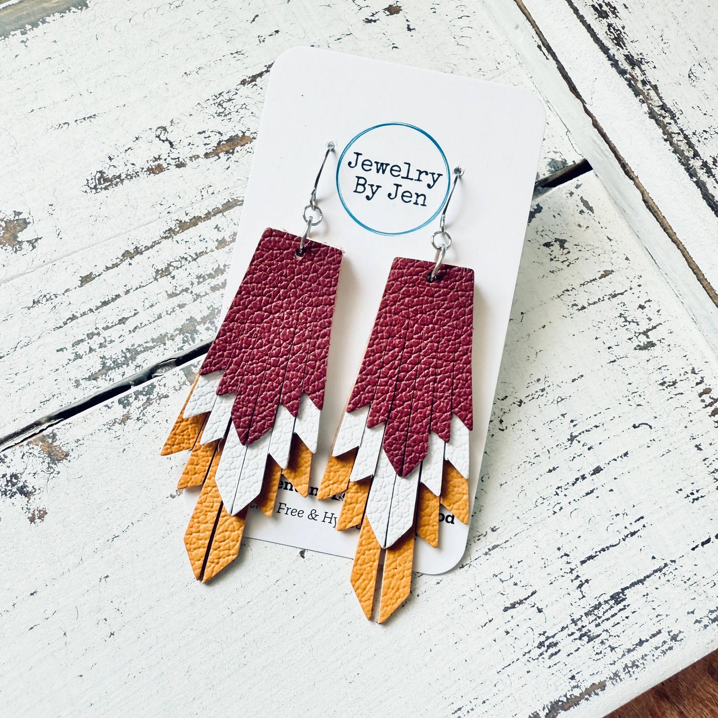 Maroon/White/Mustard Fringe Earrings