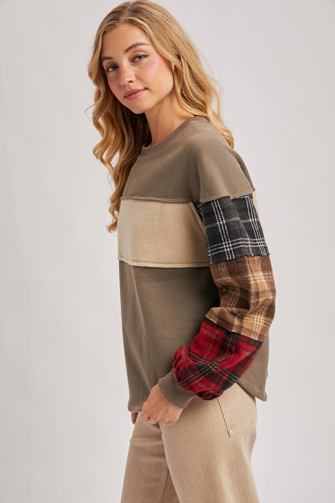 Color Block Plaid Flannel Patch Sweatshirt