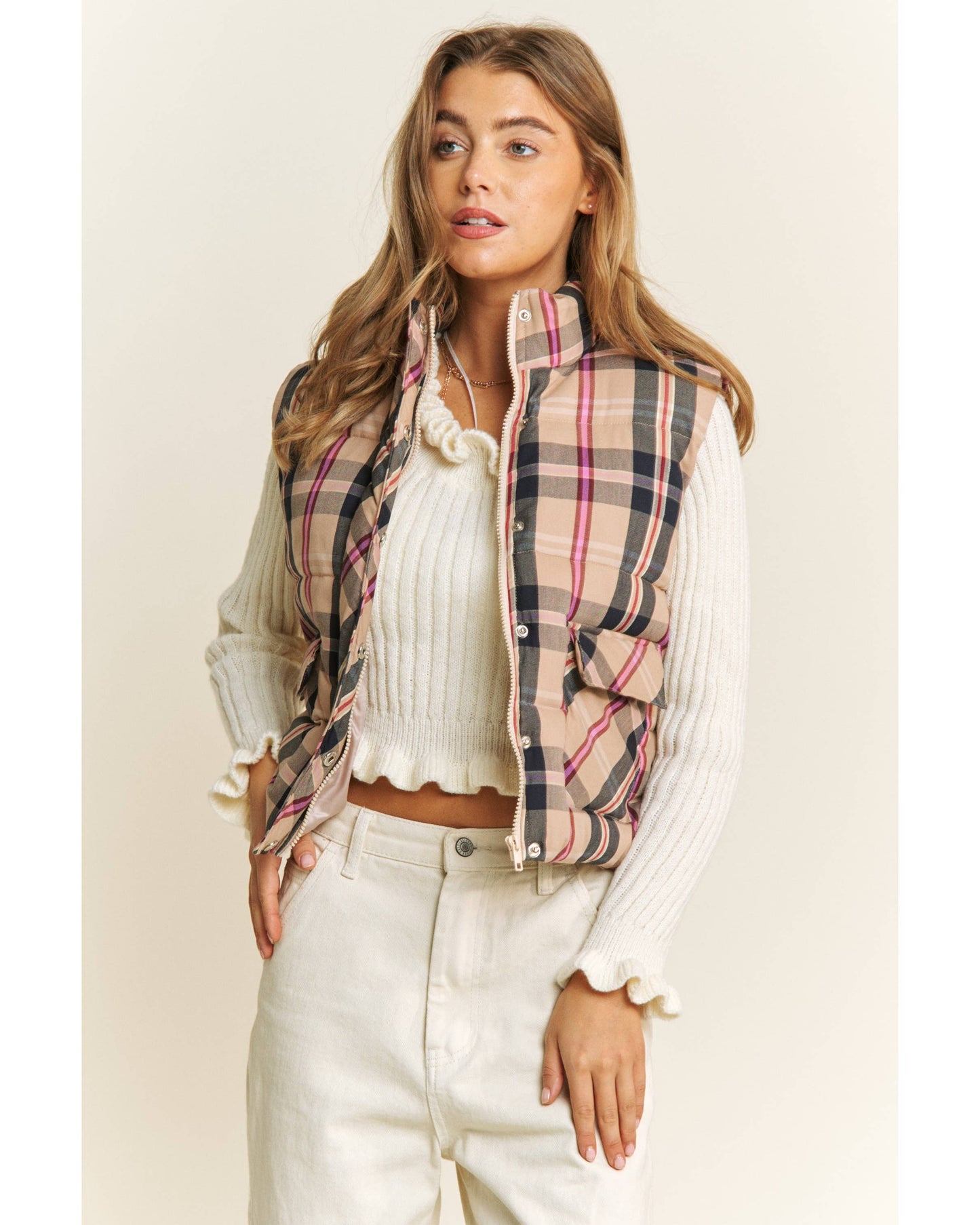 CROP PLAID HIGH NECK OPEN FRONT PUFFER VEST
