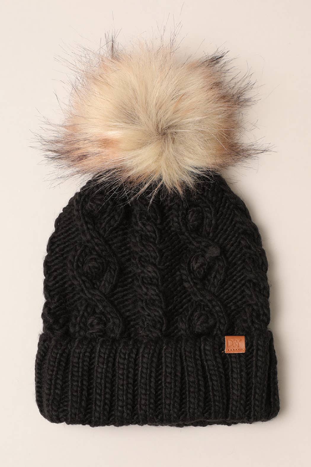 Black Pom Pom Popcorn Knit Beanie