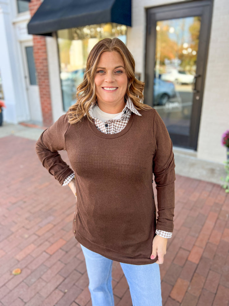 Brown & White Herringbone Button Up