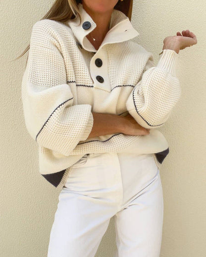 Casual Button Neck Striped Knit Sweater