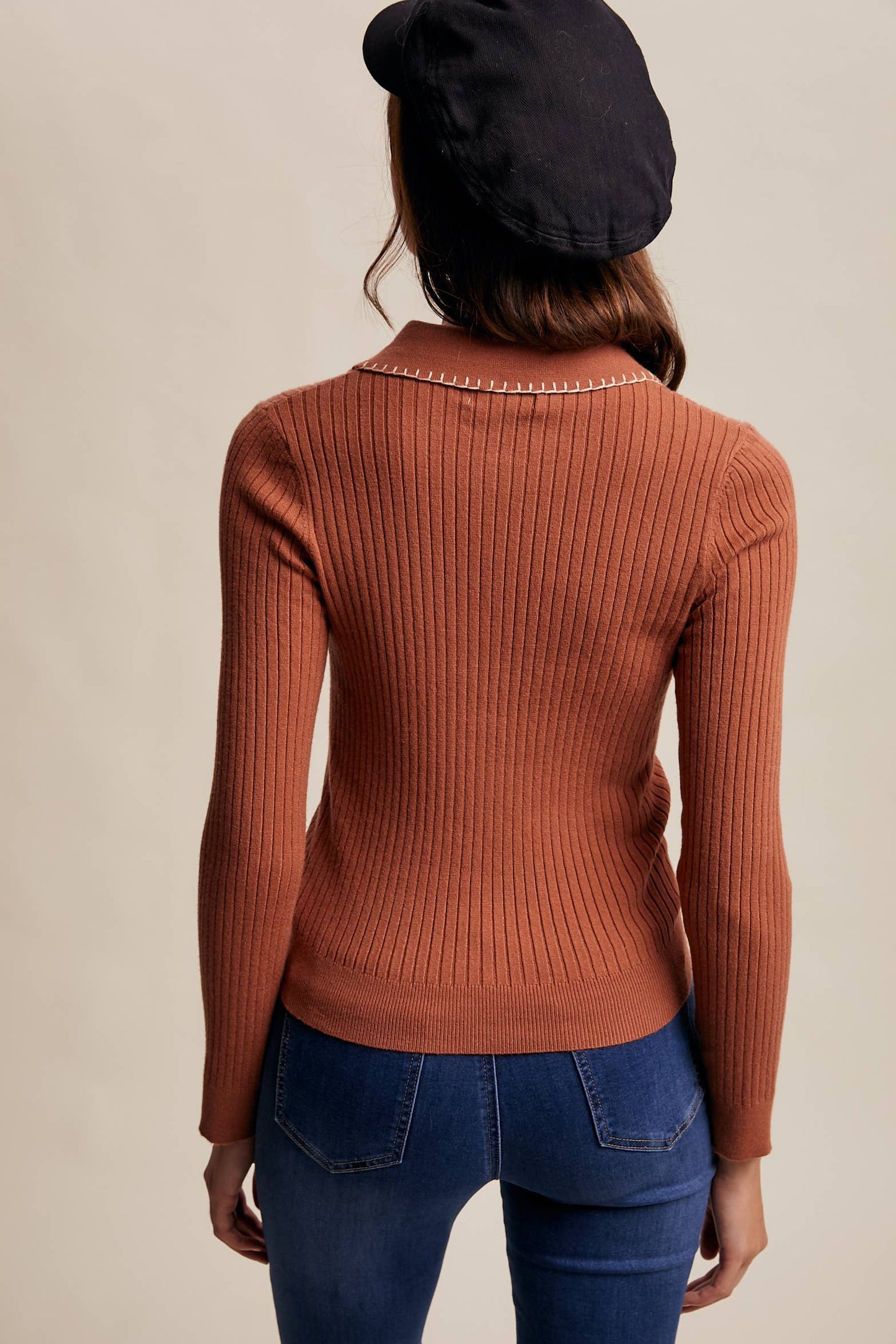 Contrast Stitch Ribbed Knit Top