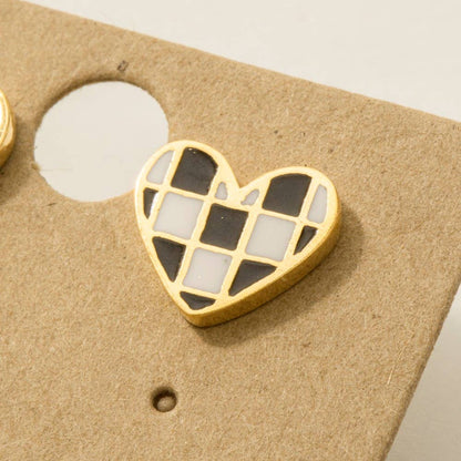 Gold Checkered Heart Stud Earrings