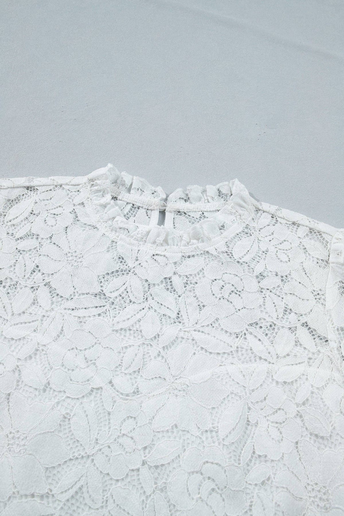 White Ruffled Round Neck Long Flounce Sleeve Sheer Lace Blouse